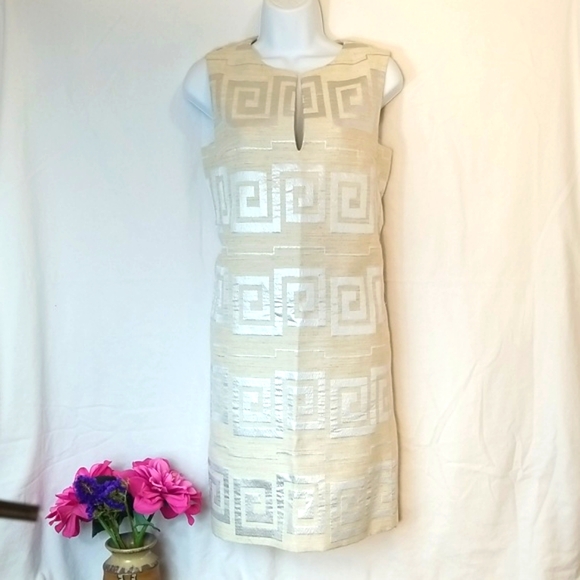 Tory Burch Cream Linen Dress w/ Silver Geometric Design Size 6 - Picture 3 of 16